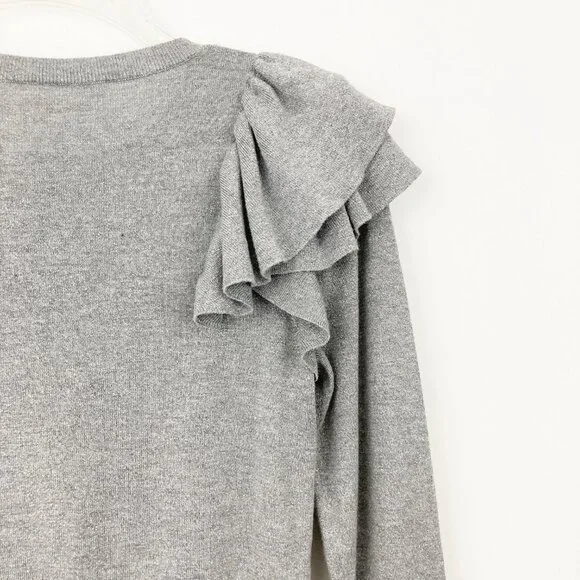 Veronica Beard Centre Ruffle Crewneck Metallic-knit Sweater Size S Gray Sparkle - Picture 8 of 10